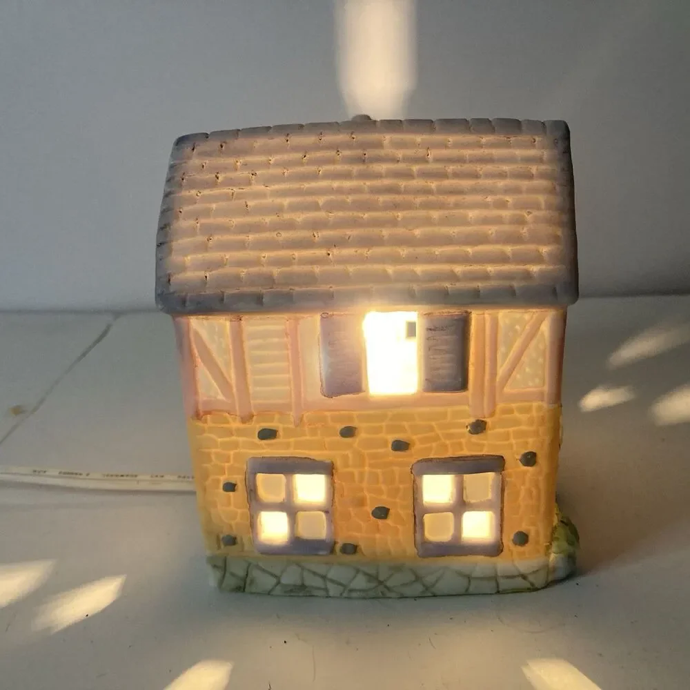 Lighthouse Cobblestone Home Village House 4” x 5” Vintage Light-Up Decor Shelf
